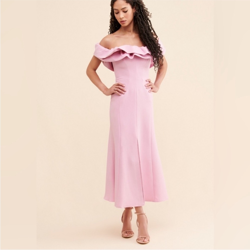 KEEPSAKE the Label Strapless Ruffle Midi Dress in Light Pink